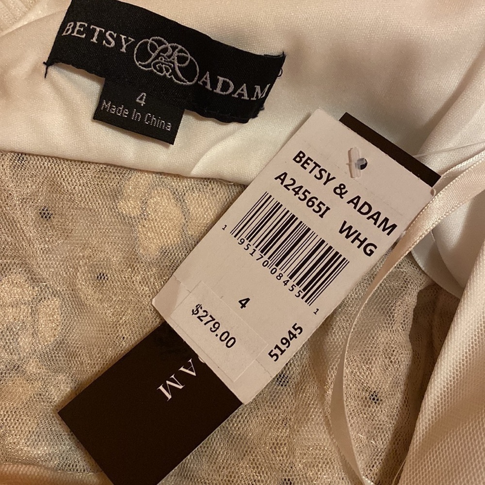 Betsy & Adam V-Neck Mesh-Waist Embroidered Chiffon Gown in White/Gold Size 4 - Picture 11 of 11